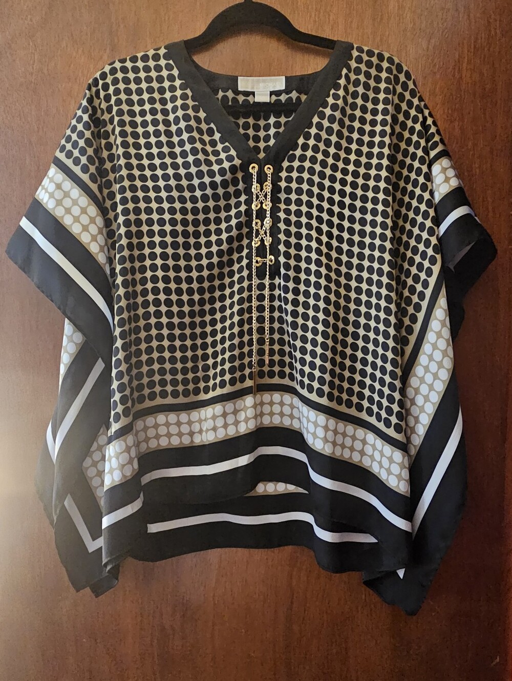 Michael Kors S/M Polka Dot V-Neck Poncho Top Black Tan White Chain Detail